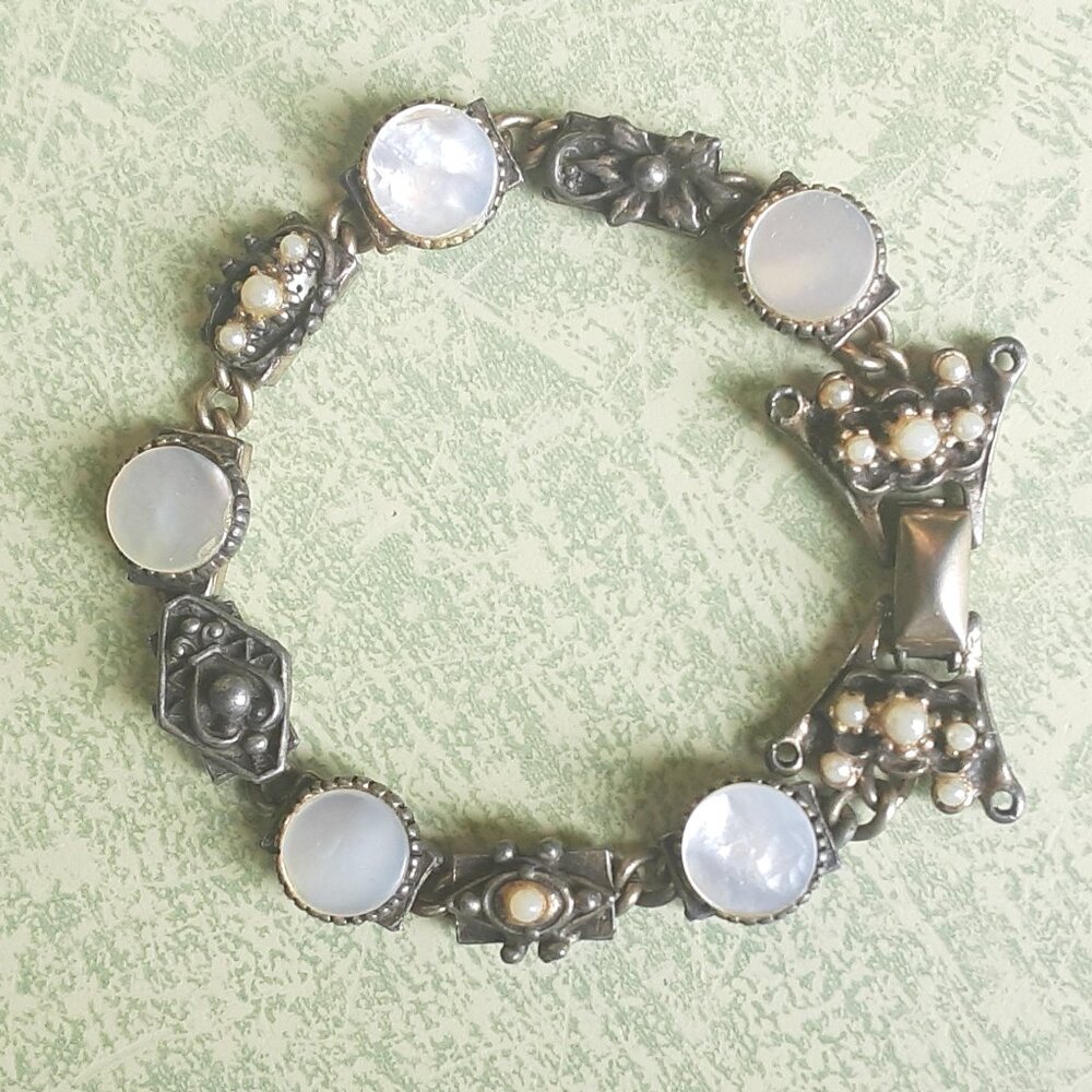 Groovy vintage chunky heavy metal bracelet with pearls and mother of pearl